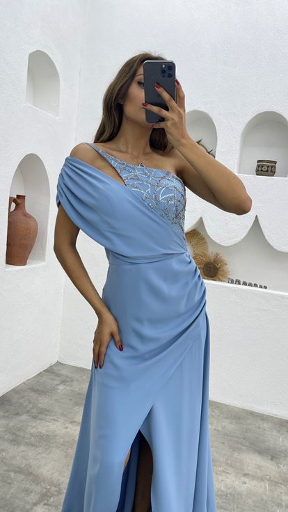 Mavi Tek Omuz Desenli Saten Abiye Elbise