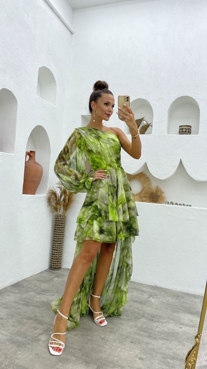 Mint Yeşili Tek Kol Eteği Fırfırlı Sifon Abiye Elbise