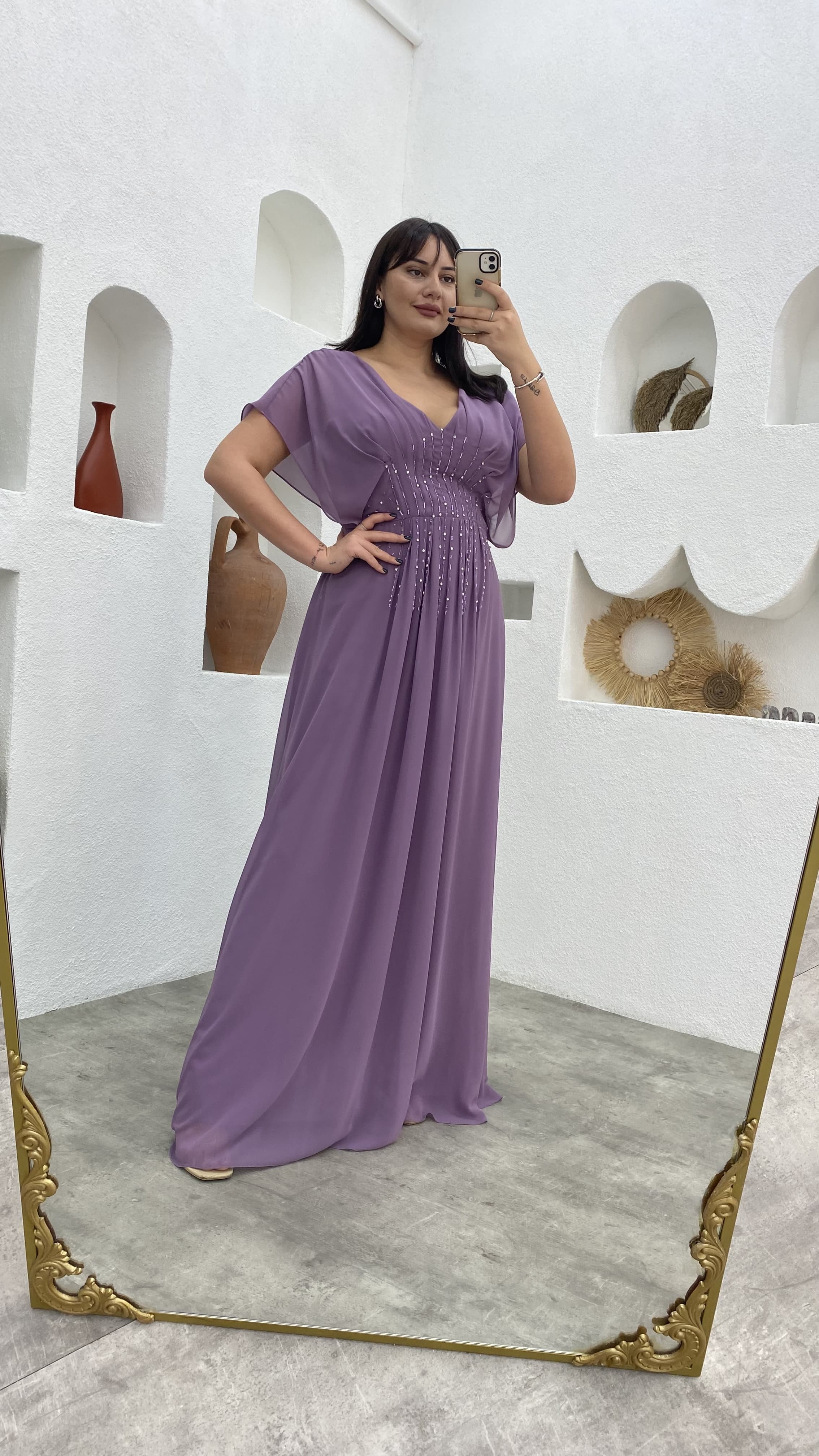 Lilac Embroidery Detail V Neck Balloon Sleeve Chiffon Plus Size Evening ...