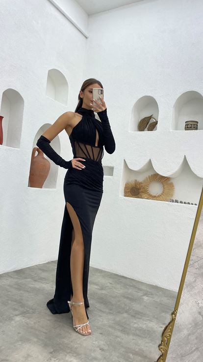 Siyah Transparan Detay Drapeli Saten Abiye Elbise