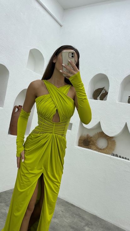 Sarı Çapraz Askı Transparan Detay Saten Abiye Elbise