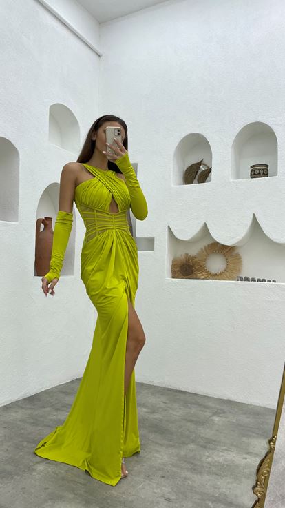 Sarı Çapraz Askı Transparan Detay Saten Abiye Elbise