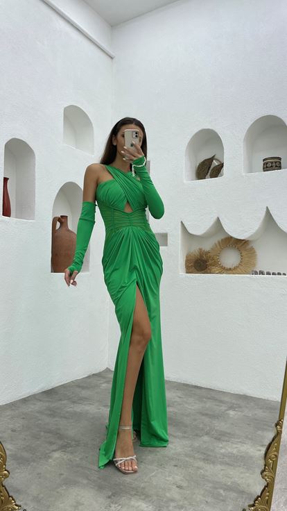 Yeşil Çapraz Askı Transparan Detay Saten Abiye Elbise