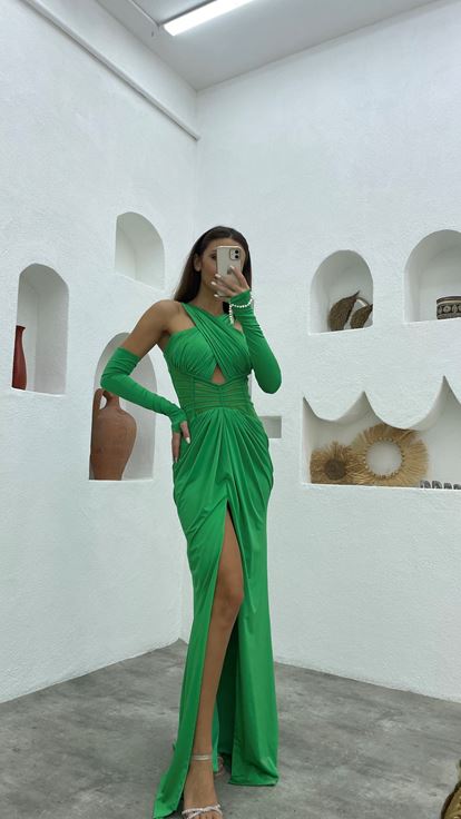 Yeşil Çapraz Askı Transparan Detay Saten Abiye Elbise