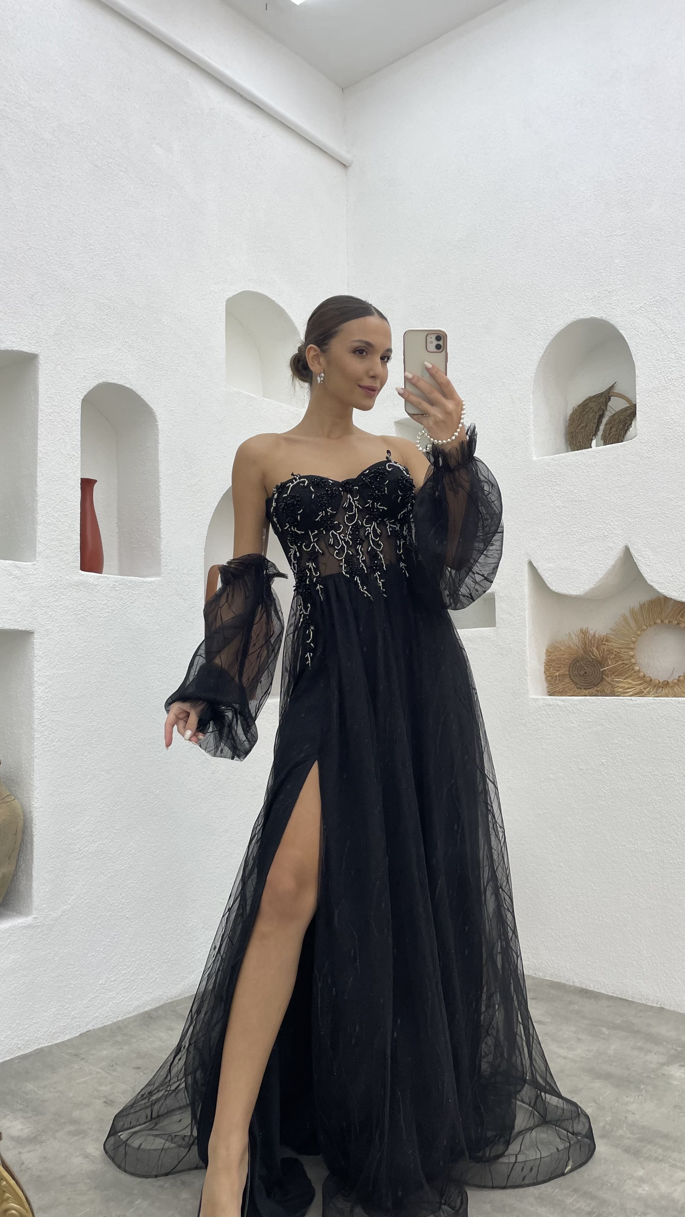 Black Embroidered Detail Tulle Evening Dress