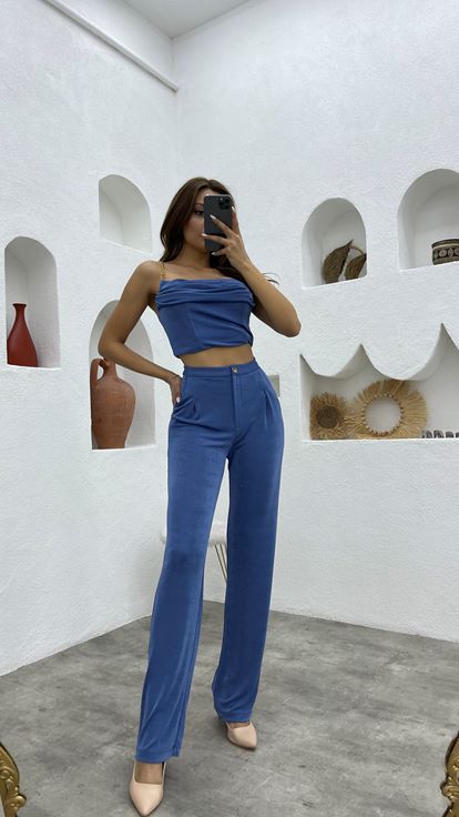 İndigo Zincirli Crop Pantolon Takım