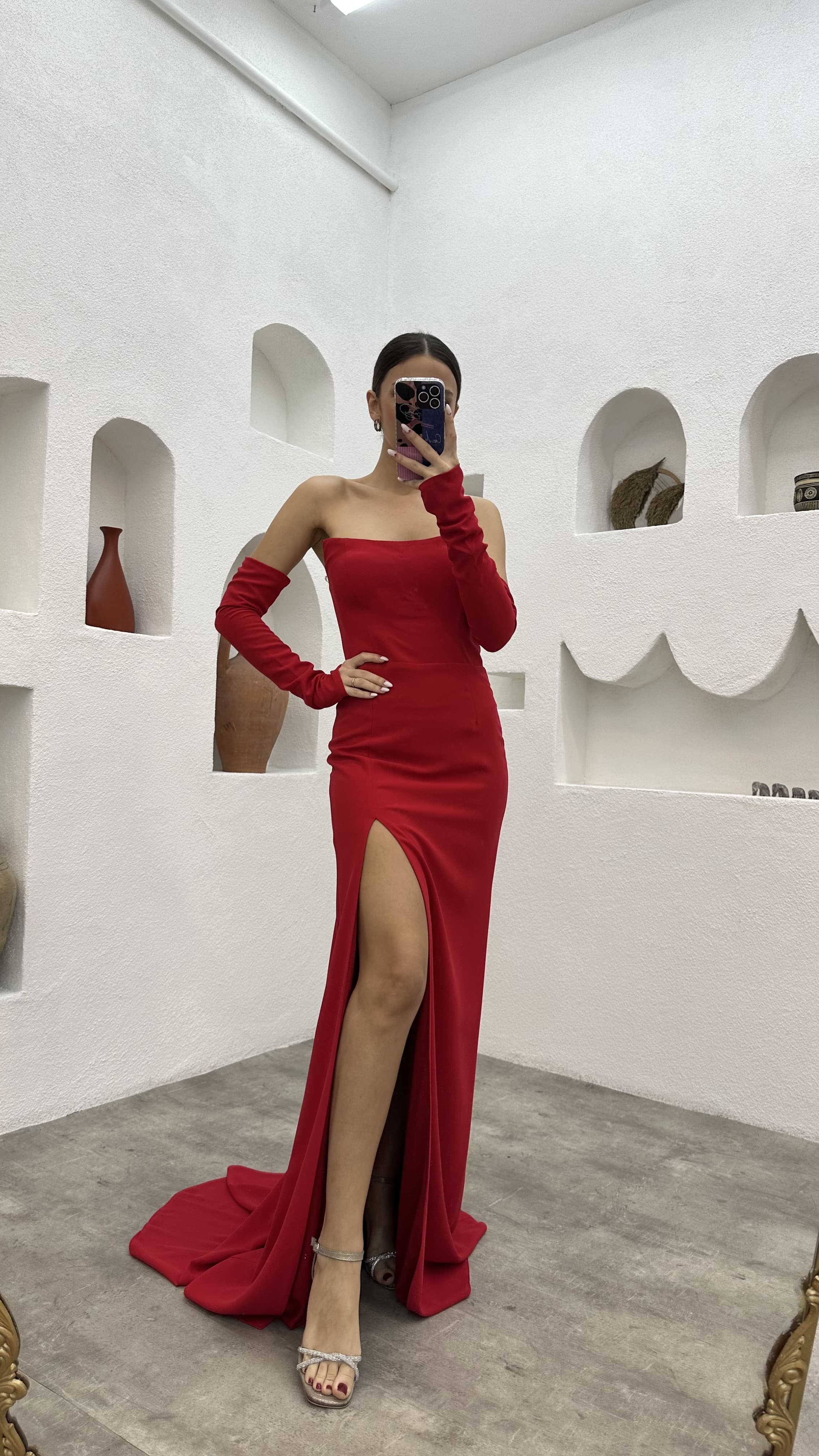 Red Sleeve Detail Strapless Evening Dress