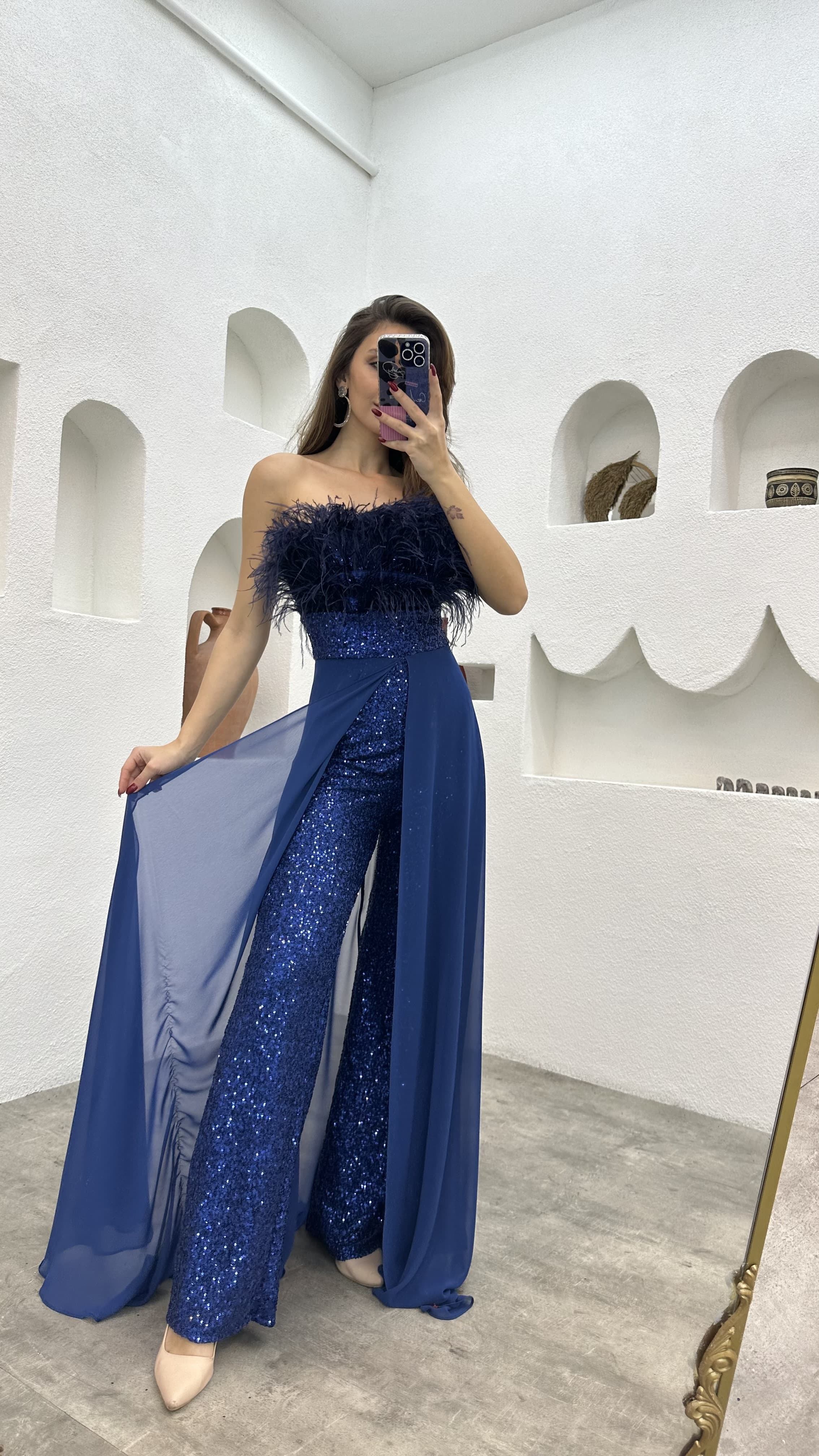 Navy Blue Waist Embroidered Detail Feather Strapless Jumpsuit