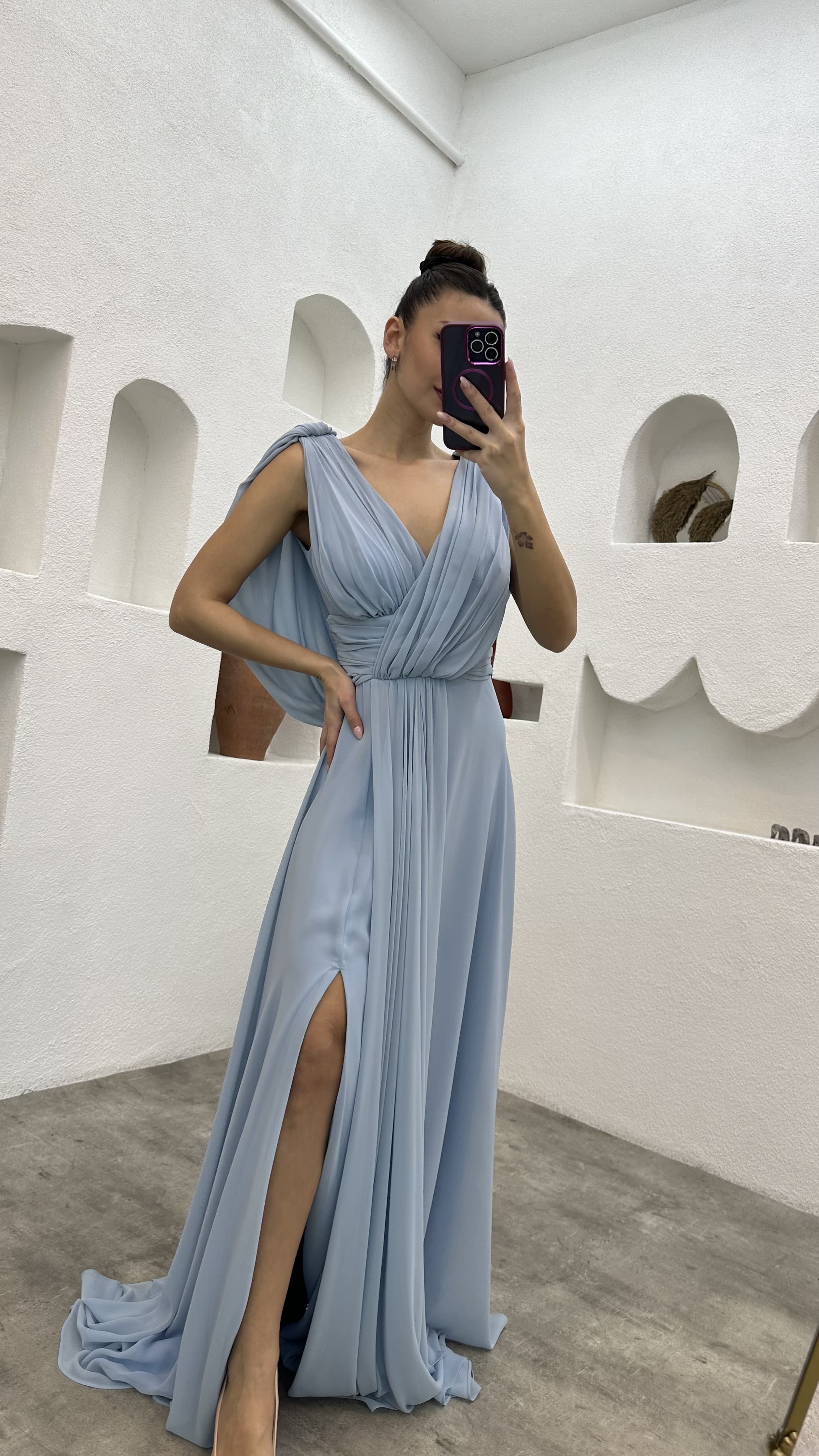 Bebe Blue Draped Detail Chiffon Evening Dress