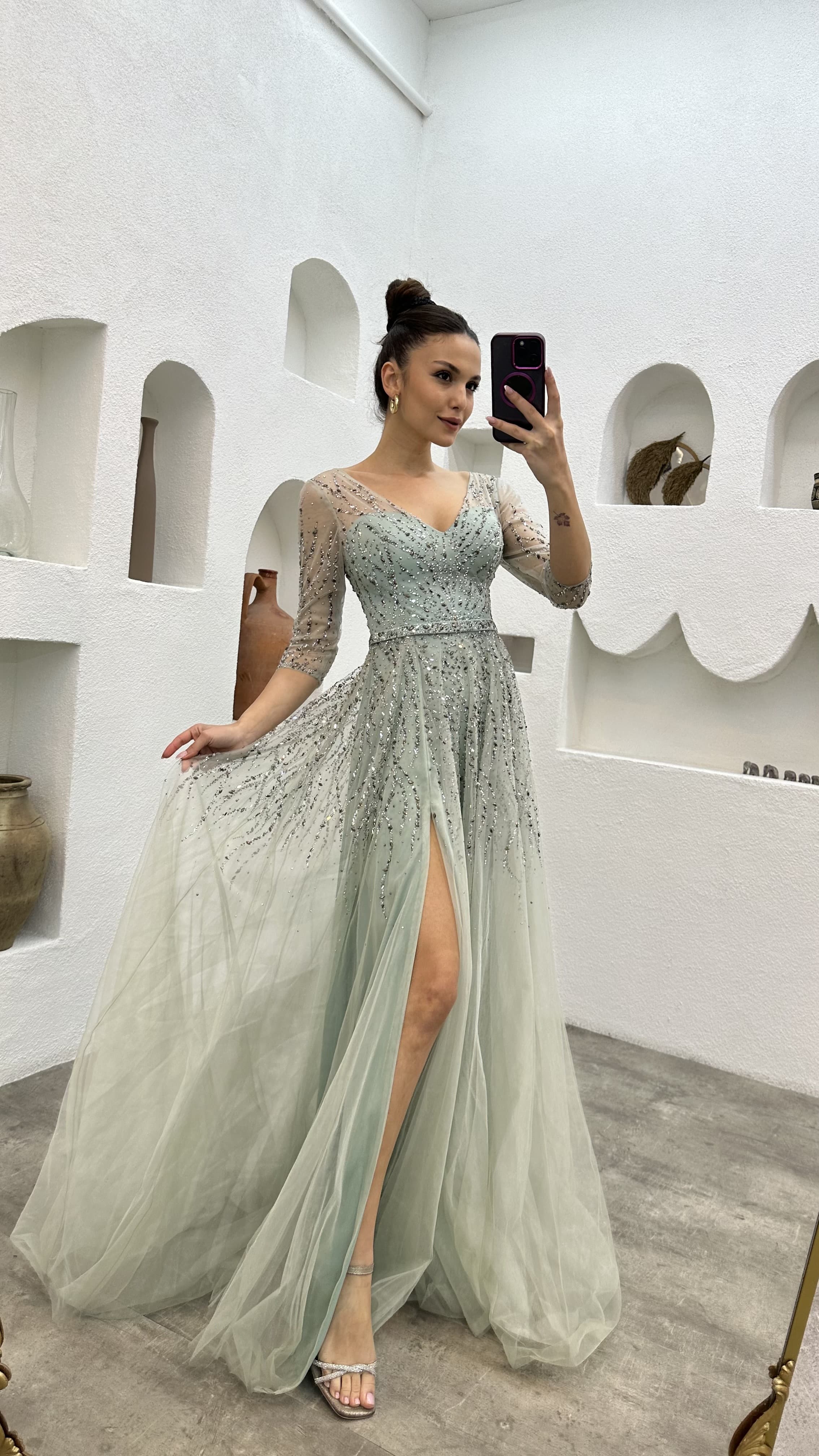 Green Embroidered Detail Tulle Evening Dress