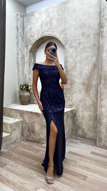 Robe A Paillettes Bleu Marine Bleu Bateau Col Paillettes