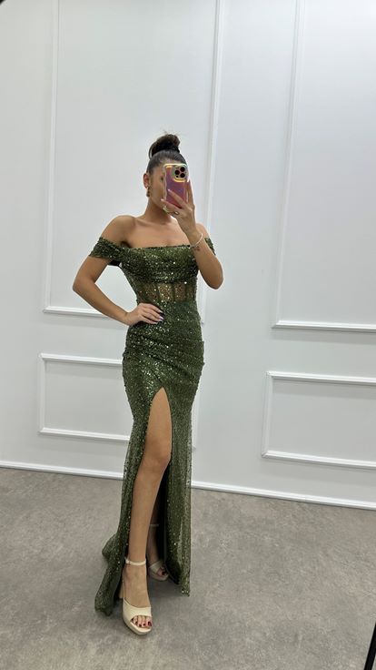 Khaki Transparent Detail Slit Design Sequin Dress