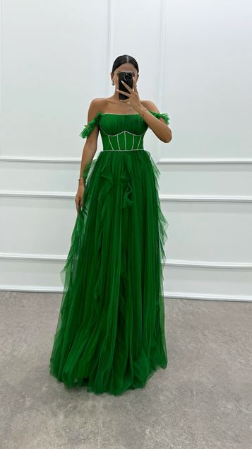 Yeşil Omuz Detay Tasarım Tül Elbise