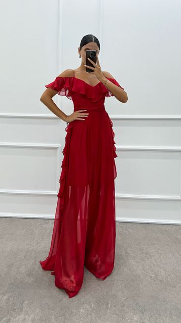 Kırmızı İp Askılı Volan Detay Tasarım Elbise