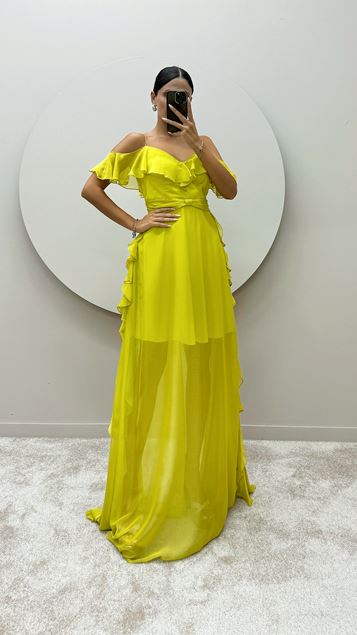 Sarı İp Askılı Volan Detay Tasarım Elbise