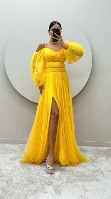 Sarı İp Askılı Balon Kol Bel Detay Tasarım Tül Elbise