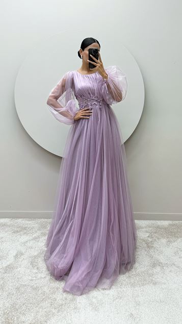 Lila Balon Kol Transparan Tasarım Tül Elbise