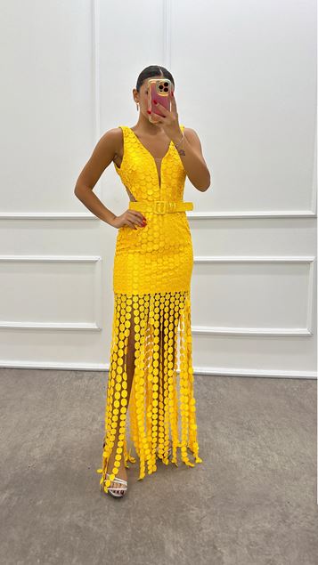 Sarı Transparan Puantıye Detay Kemerli Tasarım Elbise