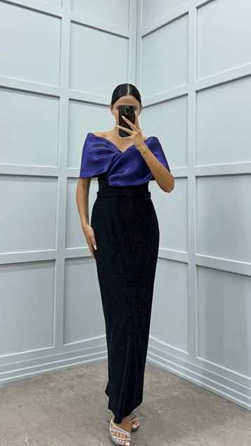 Mor Straplez Göğsü Fiyonk Tasarım Elbise