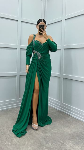 Yeşil Tek Omuz İşleme Detay Drapeli Tasarım Elbise