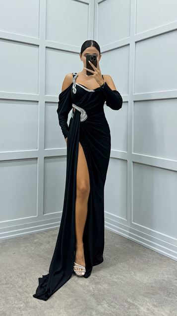 Siyah Tek Omuz İşleme Detay Drapeli Tasarım Elbise