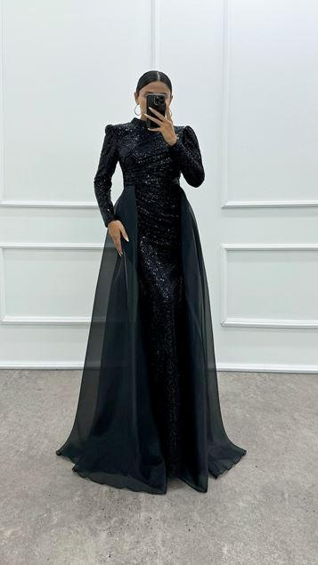 Siyah Tül Detay Payet Abiye Elbise