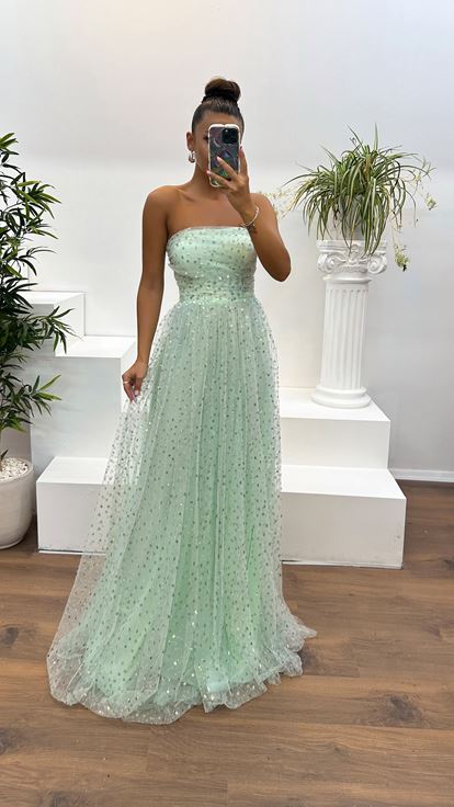 Mint Yeşili Drape Detay İşlemeli Abiye Elbise