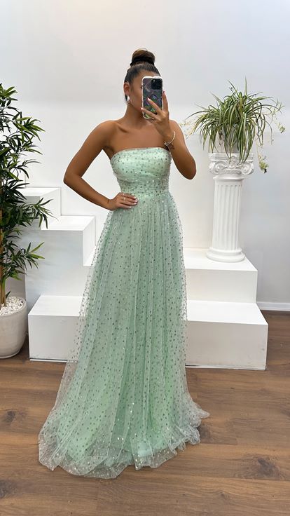 Mint Yeşili Drape Detay İşlemeli Abiye Elbise