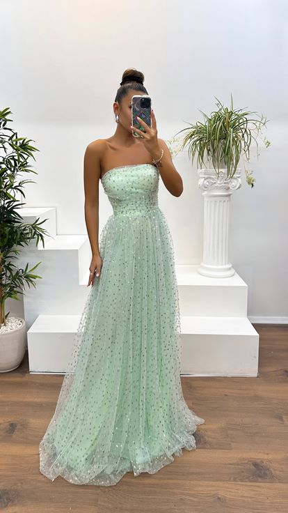 Mint Yeşili Drape Detay İşlemeli Abiye Elbise