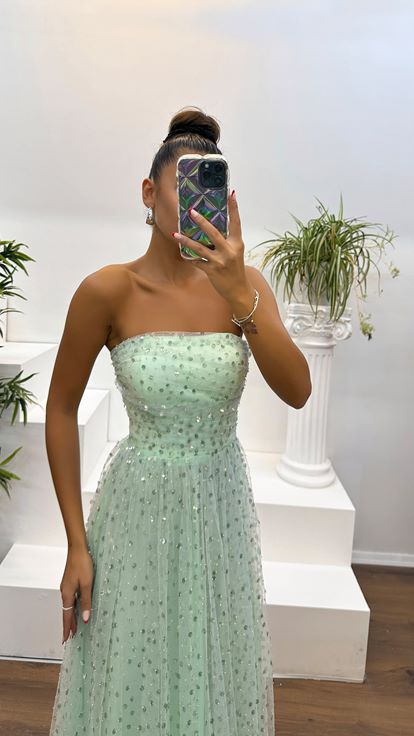 Mint Yeşili Drape Detay İşlemeli Abiye Elbise