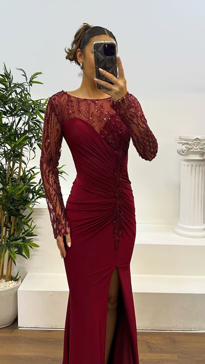 Bordo İşlemeli Drape Detay Abiye Elbise