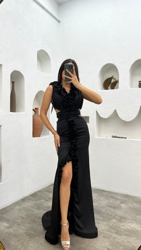 Siyah Bel Detay Drapeli Volanlı Saten Abiye Elbise