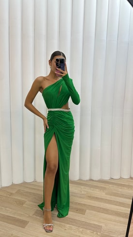 Yeşil Tek Omuz Bel Detay Drapeli Saten Abiye Elbise