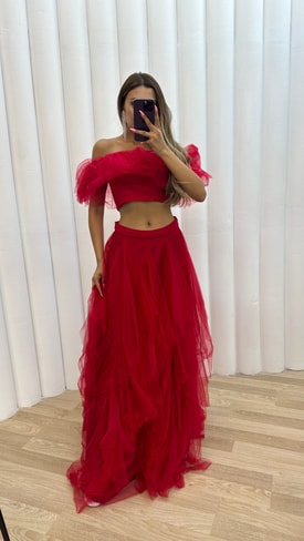Kırmızı Straplez Eteği Kat Kat Abiye Elbise