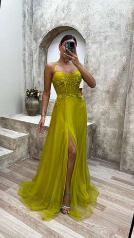 Sarı İp Askılı Transparan Detay Tül Abiye Elbise