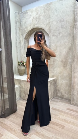 Siyah İp Askılı Kol Detay Drapeli Abiye Elbise