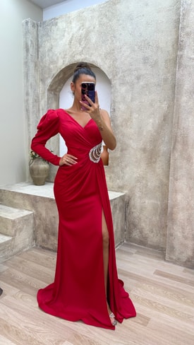 Kırmızı Tek Kol Bel Detay Drapeli Abiye Elbise