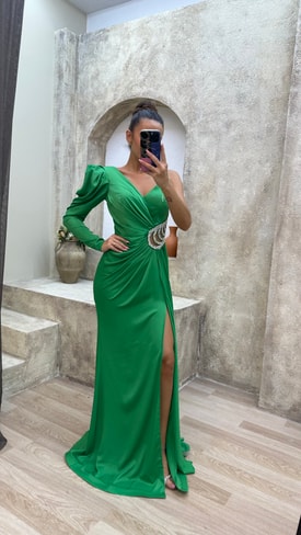 Yeşil Tek Kol Bel Detay Drapeli Abiye Elbise
