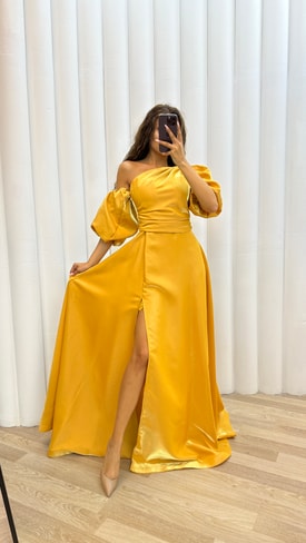 Sarı Balon Kol Abiye Elbise