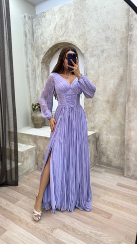 Lila Balon Kol Transparan Detay Bürümcük Kumaş Tasarım Abiye Elbise