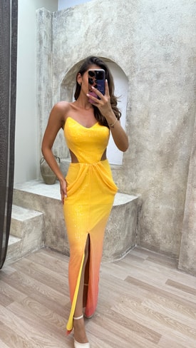 Sarı Straplez Bel Detay Payet Elbise