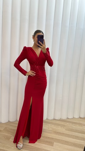 Kırmızı V Yaka Bel Detay Drapeli Abiye Elbise
