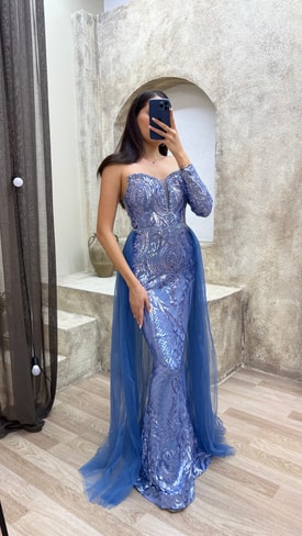 Mavi Bel Detay İşlemeli Tasarım Abiye Elbise