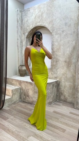 Sarı İp Askılı Sırt Detay Tasarım Elbise