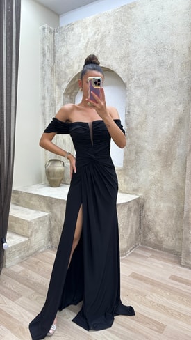 Siyah Omuz Detay Beli Fiyonk Abiye Elbise