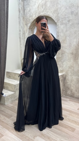 Siyah Balon Kol Bel Detay İşlemeli Tasarım Şifon Büyük Beden Abiye Elbise