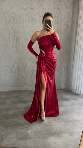 Kırmızı Bel Detay Taş işlemeli Tasarım Saten Abiye Elbise