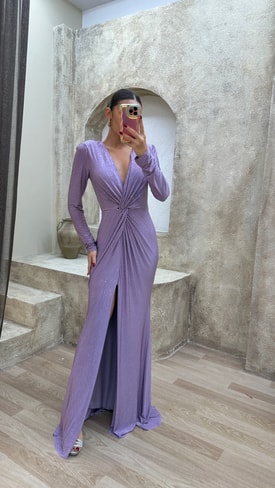 Lila V Yaka Puantiye Detay İşlemeli Tasarım Abiye Elbise