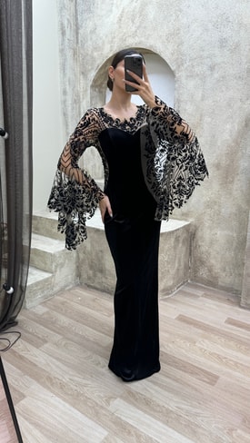 Siyah Flog Detay İşlemeli Tasarım Abiye Elbise