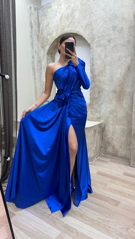 Mavi Tek Kol Bel Detay Tasarım Saten Abiye Elbise
